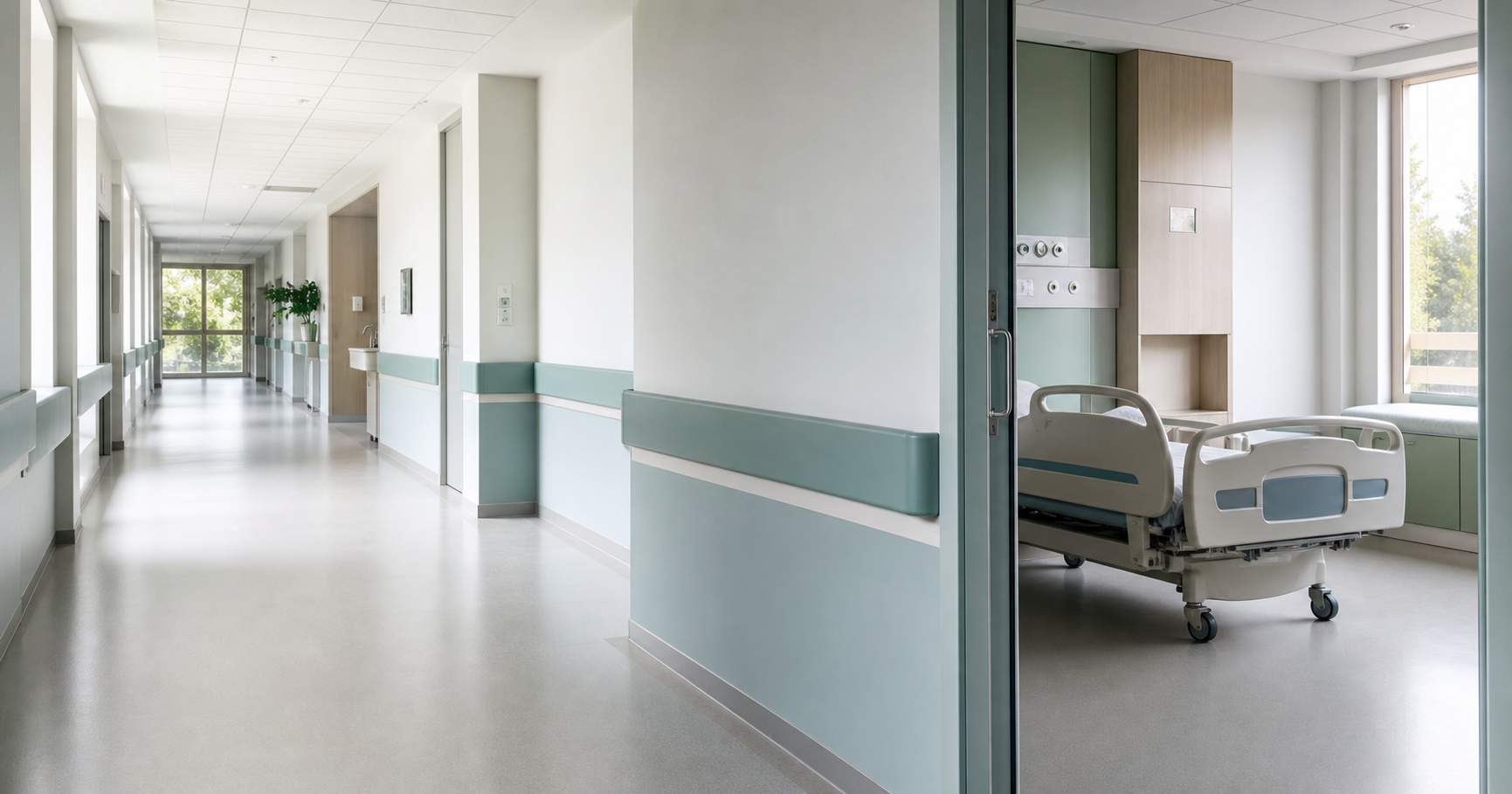 Mūsdienīga slimnīcas infrastruktūra ar medicīniskām mēbelēm un veselības aprūpes durvīm